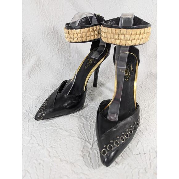 FERGIE! BLACK VEGAN LEATHER, BACK ZIPPER, STUDDED STRAP, STILETTO HEELS! SZ 9M - Picture 2 of 9